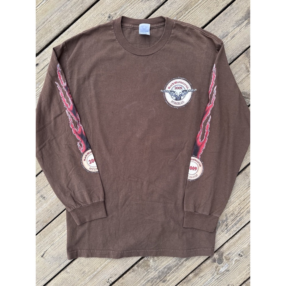 Sturgis Black Hills Rally 2009 Long Sleeve Graphic Tee Biker Flames Brown L